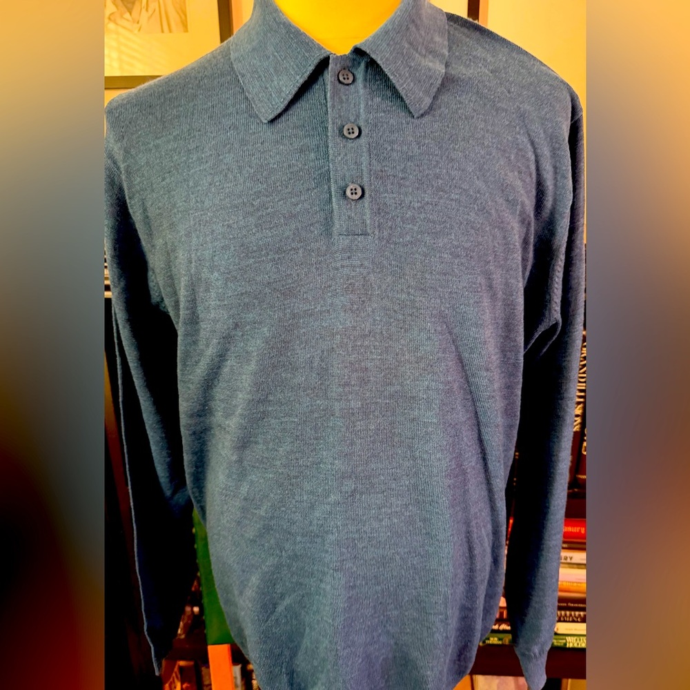 Italian Marino Wool 3-Button Collared Sweater. Teal Blue. Size XL. New With Tags